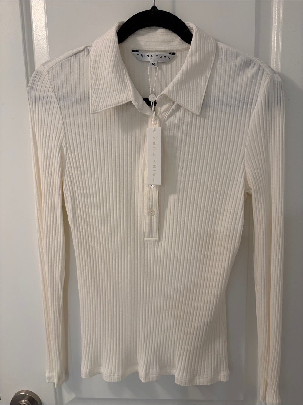 Trina Turk white Ribbed Collared Long Sleeve Polo